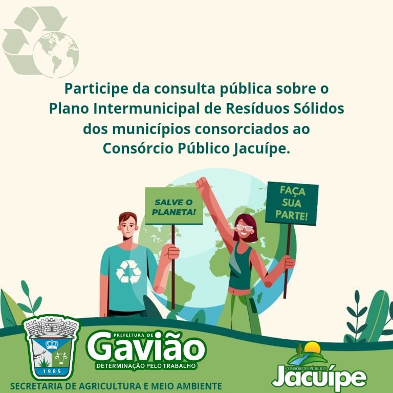 "A Prefeitura Municipal de Gavião-BA, em parceria com o Consórcio Público Jacuípe, convida a população